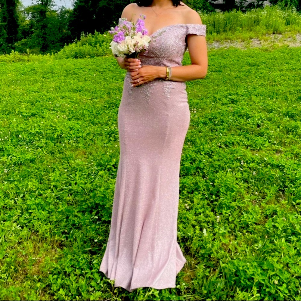 Eureka Off Shoulder Metallic Pink Gown -Medium